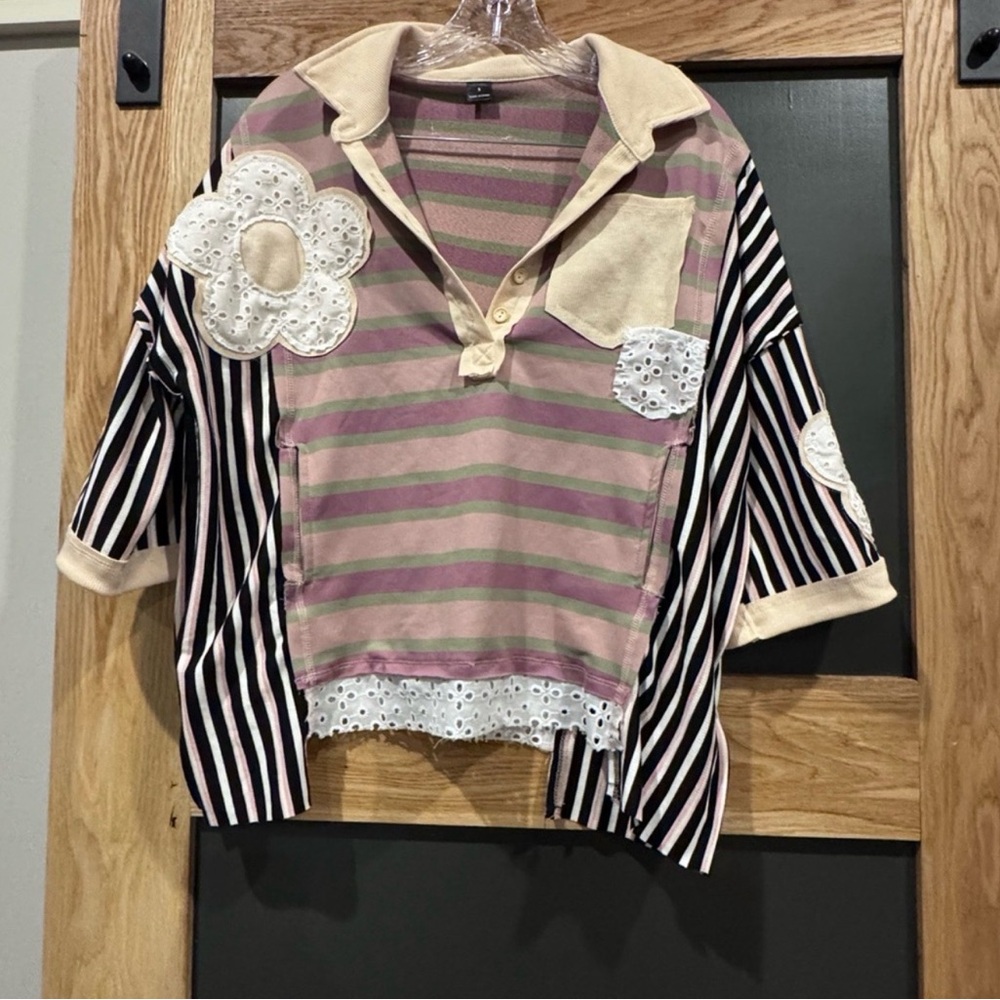 Boho Mixed Media Striped Eyelet Blouse Smalls